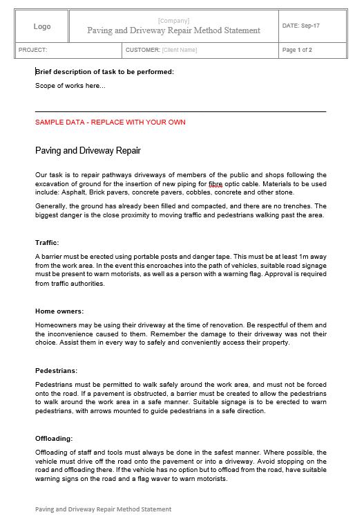 Paving and Driveway Repair Method Statement 